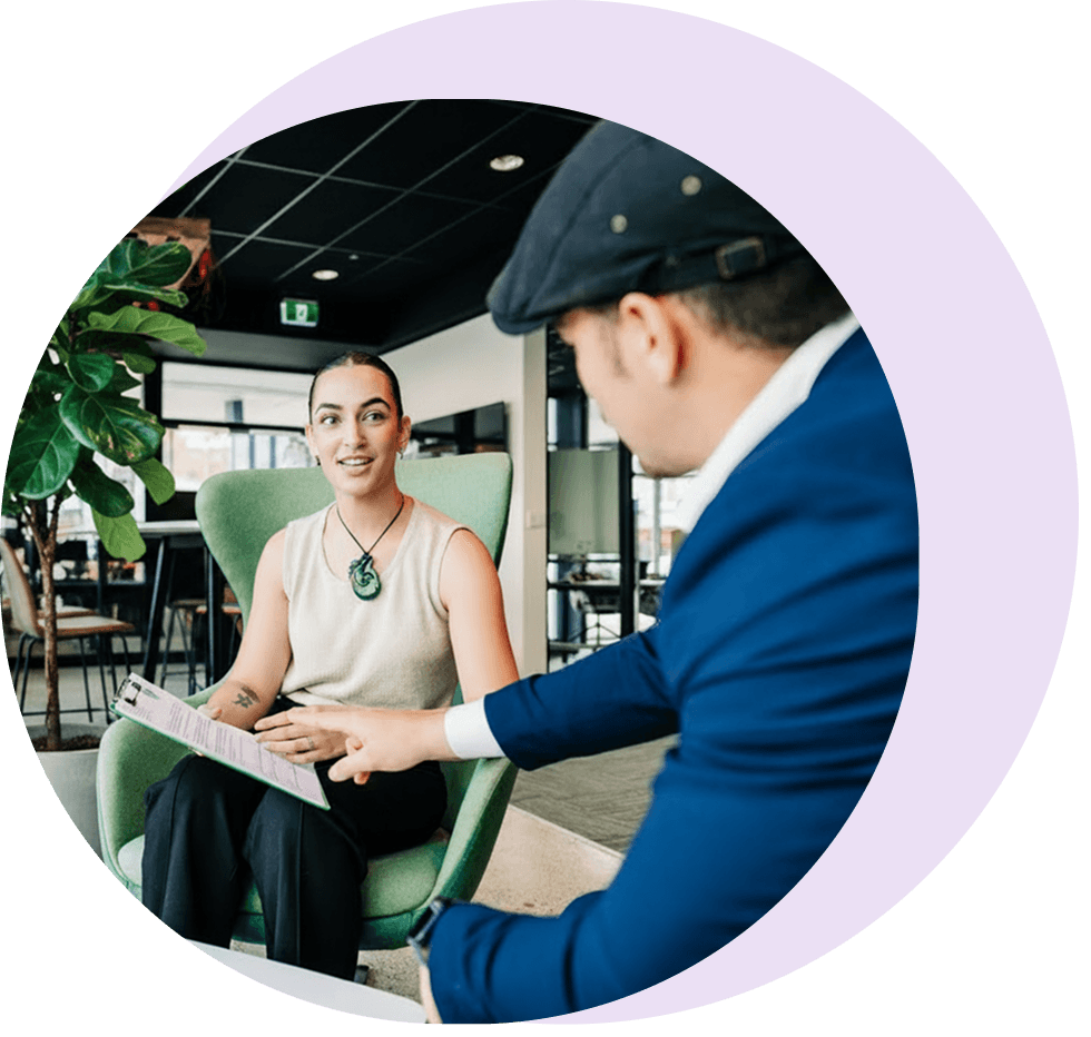 Illustration of a person sitting on a chair, talking to another person